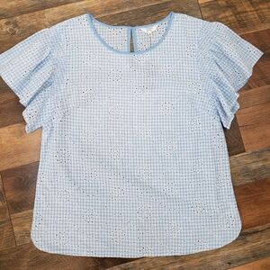 crown & ivy Light Blue Gingham Eyelet Flutter Sleeve Top